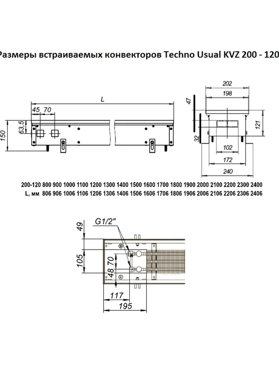 Внутрипольный конвектор Techno Usual KVZ, высота 120 мм., ширина 200 мм., без решетки
