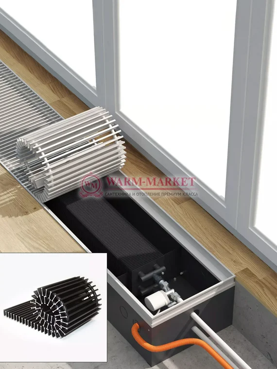 Конвектор внутрипольный Helios Therm Double Alpha (CIAD) без вентилятора глубиной 130мм с алюминиевой решеткой черного цвета