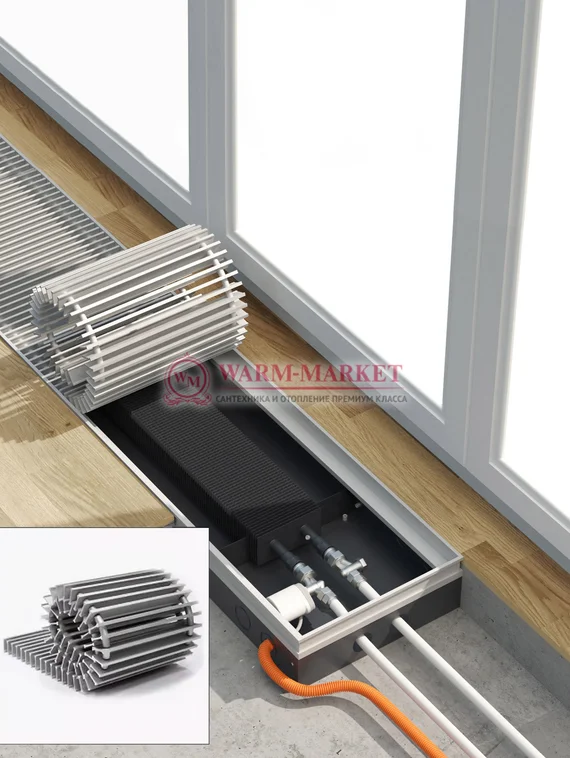 Конвектор внутрипольный Helios Therm Alpha (CIA) без вентилятора глубиной 95мм с алюминиевой решеткой серебряного цвета