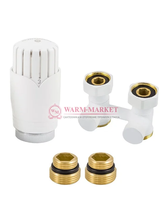 Комплект узел нижнего подключения прямой G 3/4 x 3/4 D=50 мм с термоголовкой M30x1,5 + 2 Ниппеля 1/2x3/4 Белый