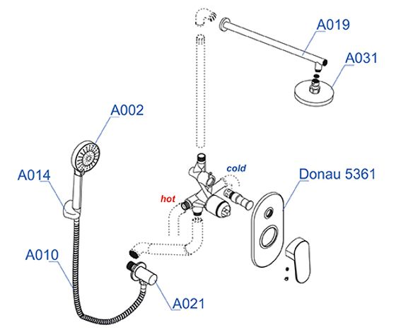 Встраиваемый комплект для душа с верхней душевой насадкой и лейкой черный А14031-Bl