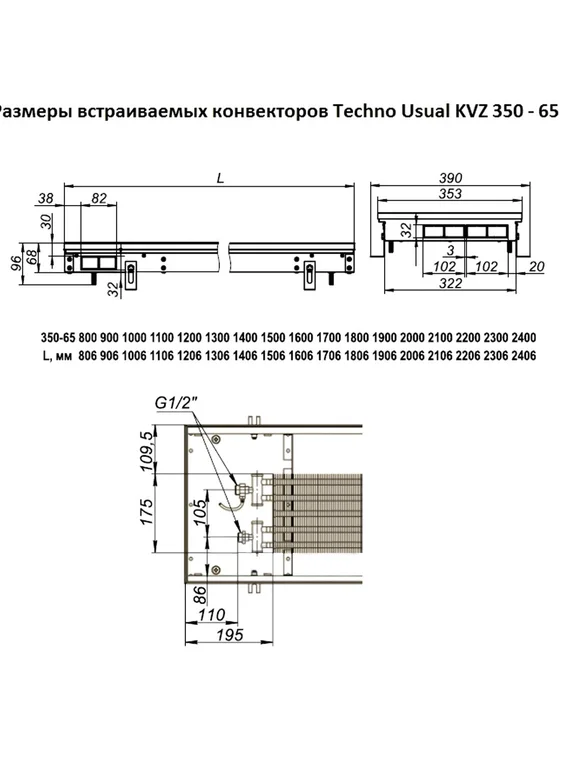 Внутрипольный конвектор Techno Usual KVZ, высота 65 мм., ширина 350 мм., без решетки