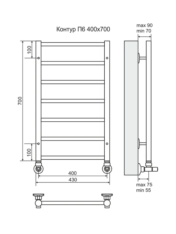 Контур П6-2 - водяной полотенцесушитель, нижнее подключение, цвет золото