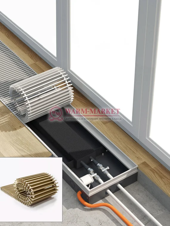 Конвектор внутрипольный Helios Therm Alpha (CIA) без вентилятора глубиной 110мм с алюминиевой решеткой золотого цвета