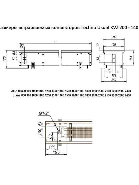 Внутрипольный конвектор Techno Usual KVZ, высота 140 мм., ширина 200 мм., без решетки
