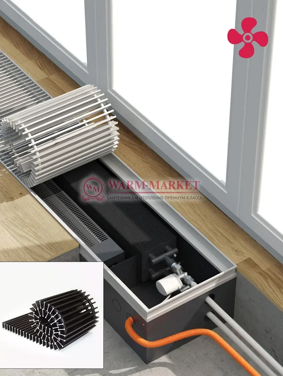 Конвектор внутрипольный Helios Therm Double Air (CIADA) с вентилятором глубиной 180мм с алюминиевой решеткой черного цвета