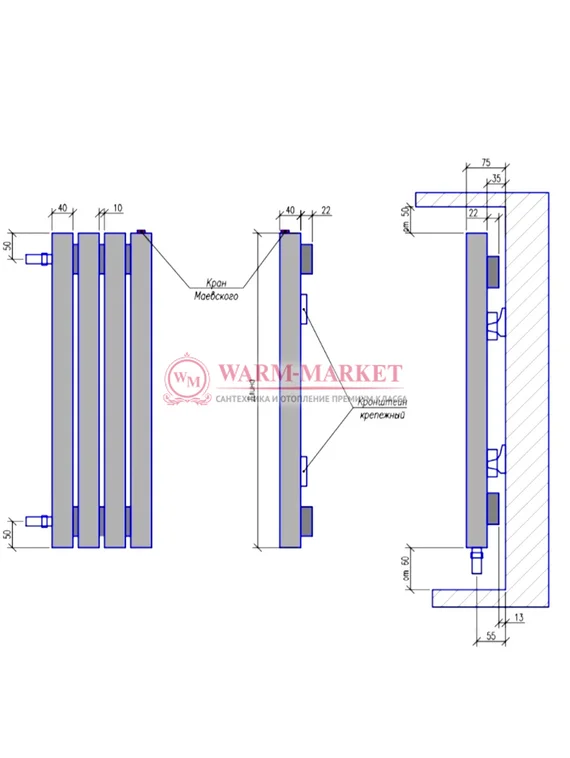 Steel V 40х40 2000 - вертикальный трубчатый дизайн-радиатор, 10 секций