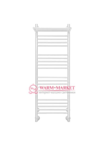 Mini P 1200х400 - узкий водяной полотенцесушитель с полкой из нержавеющей стали 400 мм. шириной, белый.