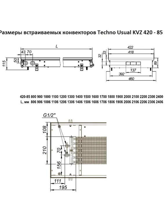 Внутрипольный конвектор Techno Vent KVZV, высота 85 мм., ширина 420 мм., без решетки