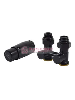 Комплект узел нижнего подключения прямой G 3/4 x 3/4 D=50 мм с термоголовкой M30x1,5 + 2 Ниппеля 1/2x3/4 Черный 9005