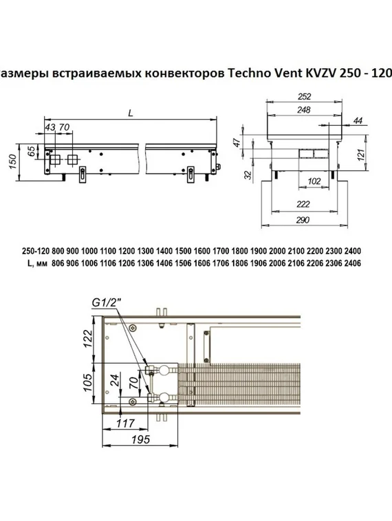 Внутрипольный конвектор Techno WD KVZs, высота 120 мм., ширина 250 мм., без решетки