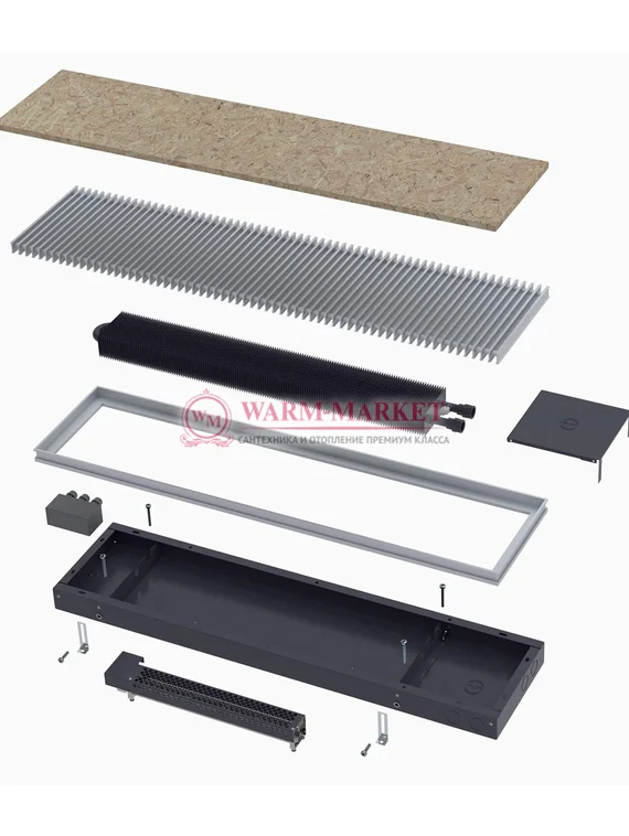 Конвектор внутрипольный Helios Therm Alpha Air (CIAA) с вентилятором глубиной 85мм с алюминиевой решеткой серебряного цвета