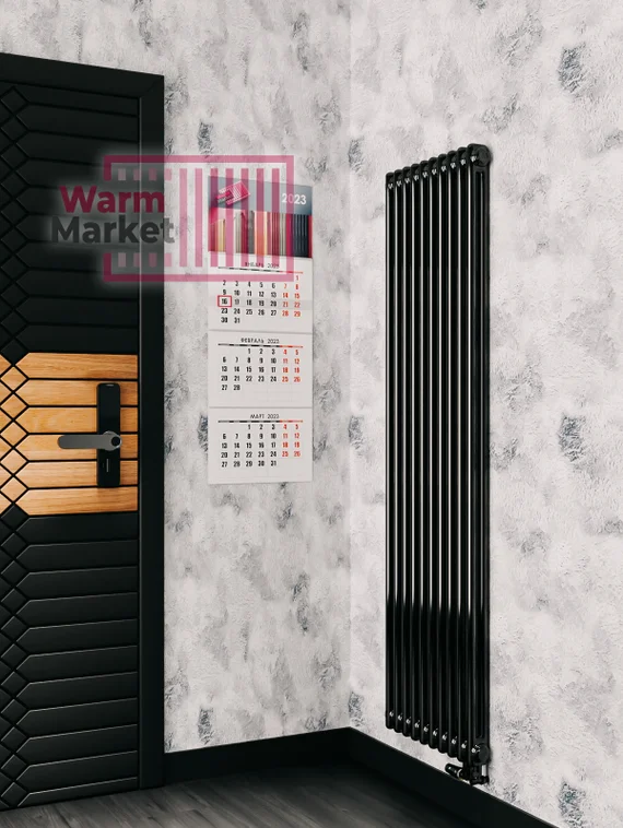 Вертикальный трубчатый радиатор Solira 2150 N69 твв нижнее подключение с термостатикой, серебристо-серый (RAL 9007)