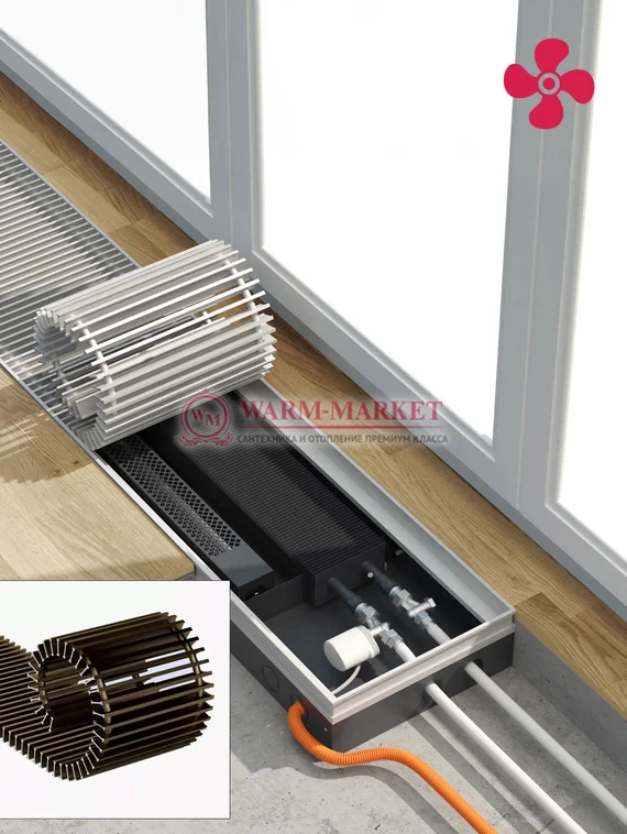 Конвектор внутрипольный Helios Therm Alpha Air (CIAA) с вентилятором глубиной 110мм с алюминиевой решеткой цвета шампань