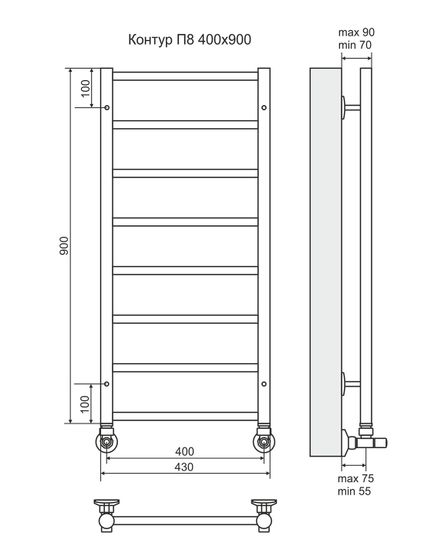 Контур П8-2 - водяной полотенцесушитель, нижнее подключение, цвет золото