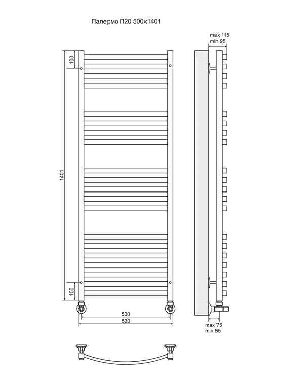 Палермо П20 - водяной полотенцесушитель, нижнее подключение, цвет бронза