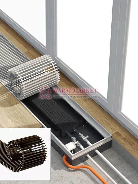 Конвектор внутрипольный Helios Therm Alpha (CIA) без вентилятора глубиной 95мм с алюминиевой решеткой цвета шампань