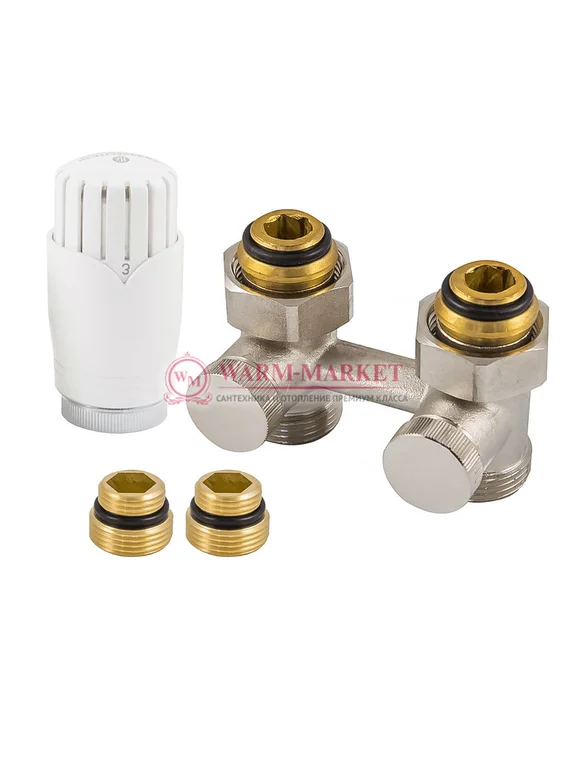 Комплект узел нижнего подключения прямой G 3/4 x 3/4 D=50 мм с термоголовкой MINI M30x1,5 + 2 Ниппеля 1/2x3/4