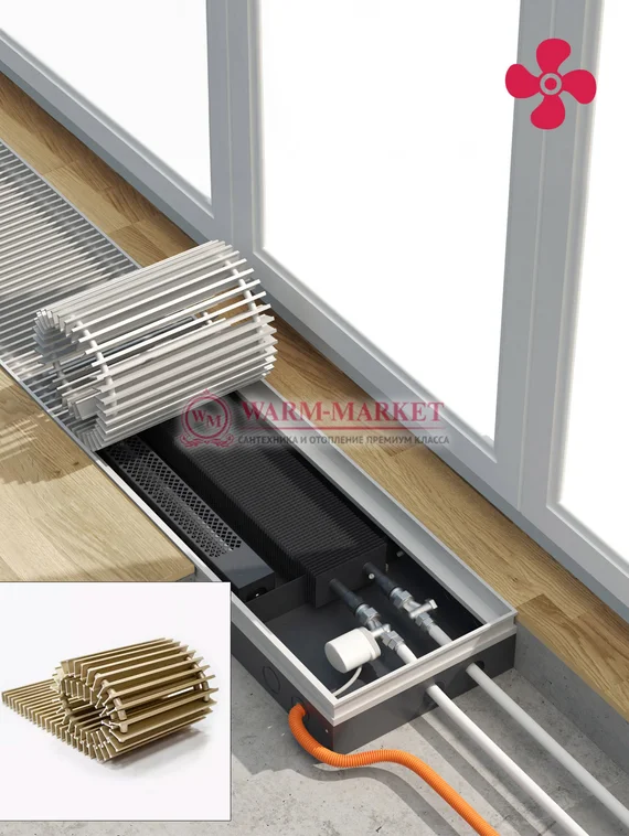 Конвектор внутрипольный Helios Therm Alpha Air (CIAA) с вентилятором глубиной 110мм с алюминиевой решеткой золотого цвета