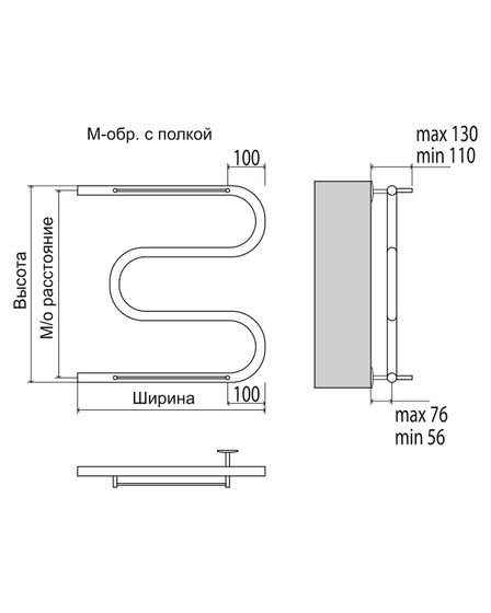 М-образный - водяной полотенцесушитель с полкой, боковое подключение, цвет бронза