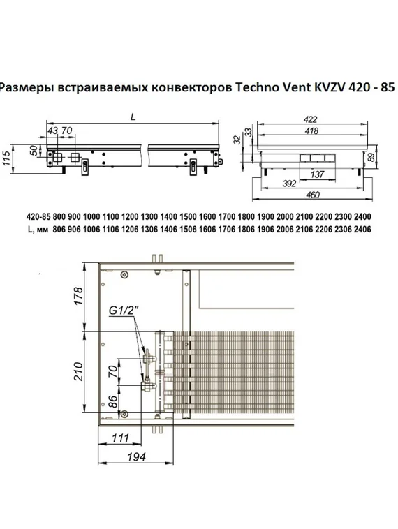 Внутрипольный конвектор Techno WD KVZVs 12 В, высота 85 мм., ширина 420 мм., без решетки