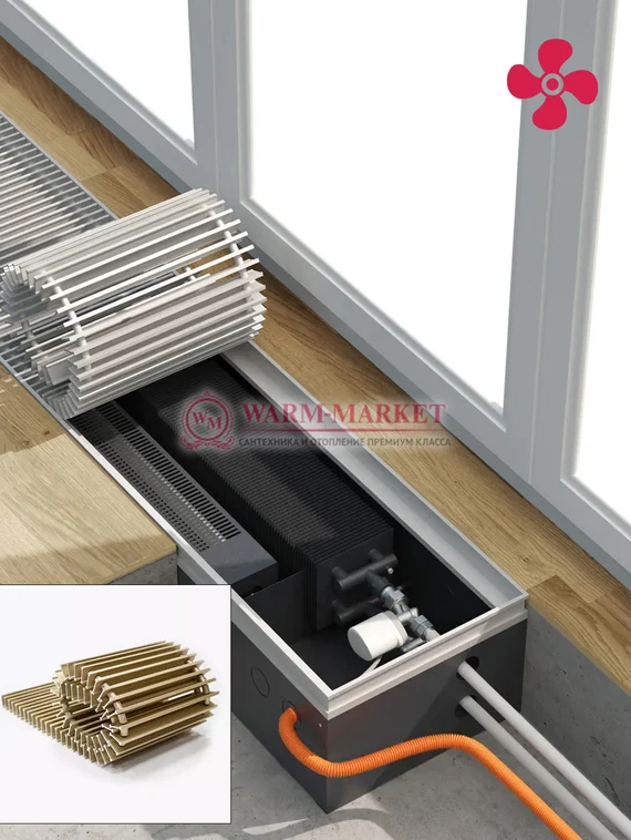 Конвектор внутрипольный Helios Therm Double Air (CIADA) с вентилятором глубиной 135мм с алюминиевой решеткой золотого цвета