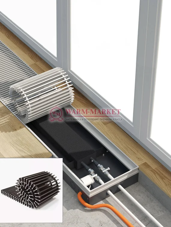 Конвектор внутрипольный Helios Therm Alpha (CIA) без вентилятора глубиной 95мм с алюминиевой решеткой шоколадного цвета