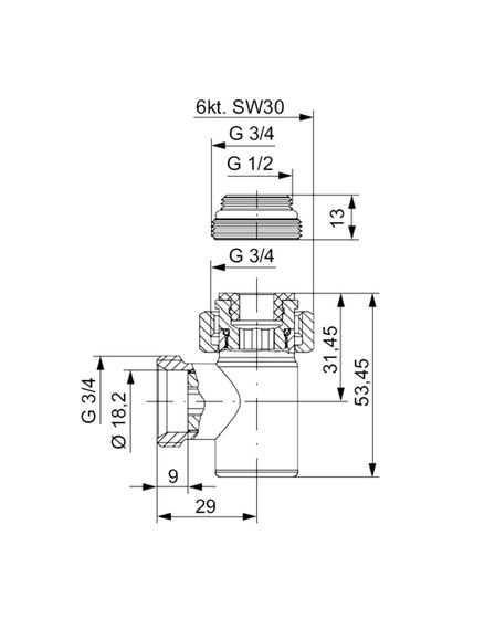 Вентиль запорный угловой Hummel Designtechnik 3/4НРx1/2НР
