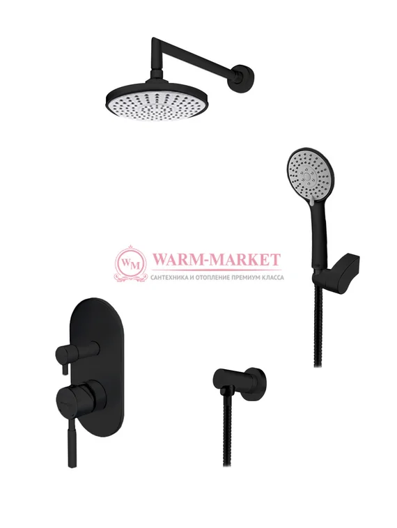 Встраиваемый комплект для душа с верхней душевой насадкой и лейкой черный A14129-Bl