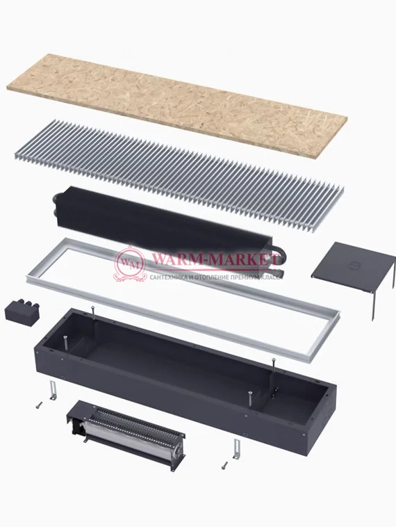 Конвектор внутрипольный Helios Therm Double Air (CIADA) с вентилятором глубиной 135мм с алюминиевой решеткой шоколадного цвета