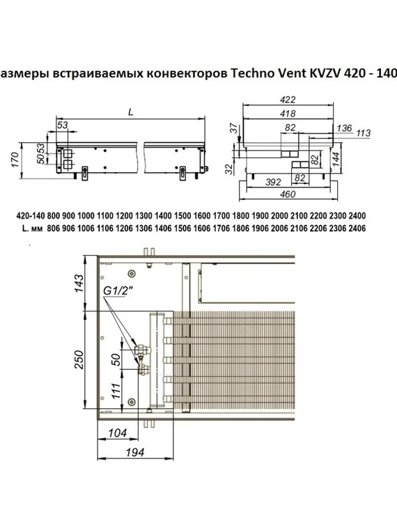 Внутрипольный конвектор Techno WD KVZs, высота 140 мм., ширина 420 мм., без решетки