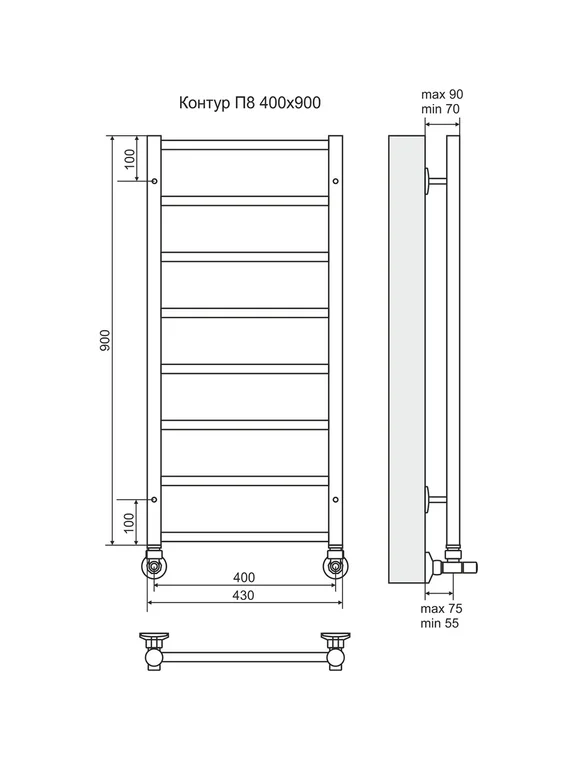Контур П8-2 - водяной полотенцесушитель с полкой, нижнее подключение, белый