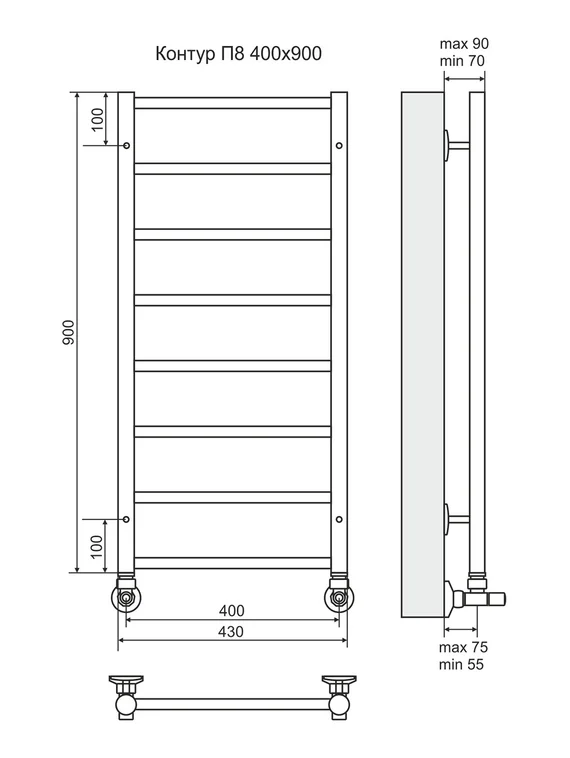 Контур П8-2 - водяной полотенцесушитель, нижнее подключение, цвет золото