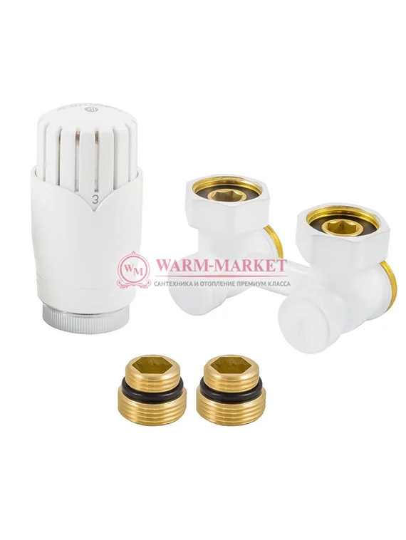 Комплект узел нижнего подключения угловой G 3/4 x 3/4 D=50 мм с термоголовкой M30x1,5 + 2 Ниппеля 1/2x3/4 Белый