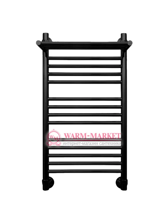 Mini P 800х400 - узкий водяной полотенцесушитель с полкой из нержавеющей стали 400 мм. шириной, черный.