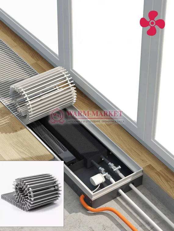 Конвектор внутрипольный Helios Therm Alpha Air (CIAA) с вентилятором глубиной 110мм с алюминиевой решеткой серебряного цвета