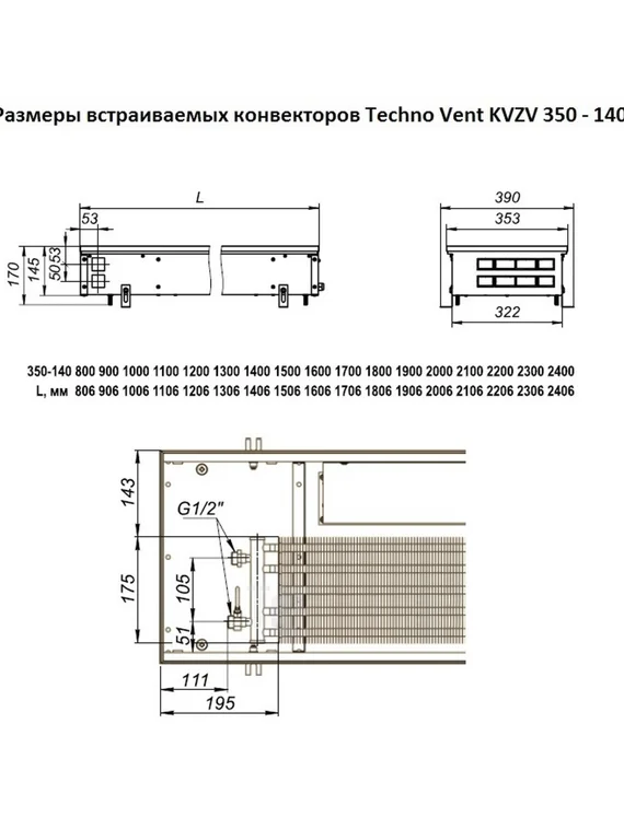 Внутрипольный конвектор Techno WD KVZs, высота 140 мм., ширина 350 мм., без решетки