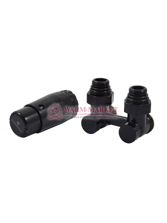 Комплект узел нижнего подключения угловой G 3/4 x 3/4 D=50 мм с термоголовкой MINI M30x1,5 + 2 Ниппеля 1/2x3/4 Черный 9005
