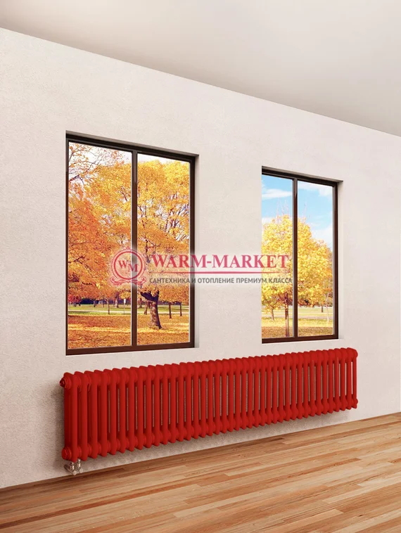 Трубчатый радиатор Dia Norm 3057 трехтрубный с нижним правым/левым подключением с вентилем красного цвета